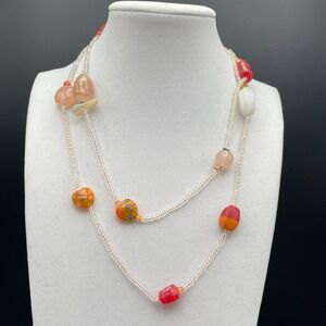Vintage VTG Long Multi-Color Glass Seed Bead Necklace Artisan Lampwork MOP Boho